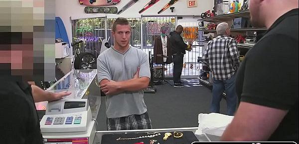  Hot guy strips in pawn shop and sucks cock